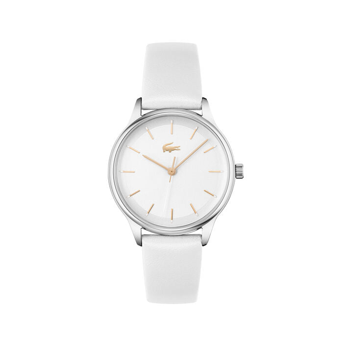 Lacoste Club women's watch, 34mm polished silver-tone stainless steel case, white dial with gold-tone hour markers and crocodile logo at 12 o'clock, white leather strap, minimalist analog design.