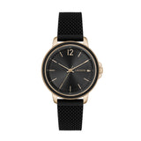 Lacoste Slice women's watch, 38mm rose gold-tone stainless steel case, black sunray dial with gold-tone hour markers and Lacoste logo at 3 o'clock, black textured silicone strap, modern minimalist design.