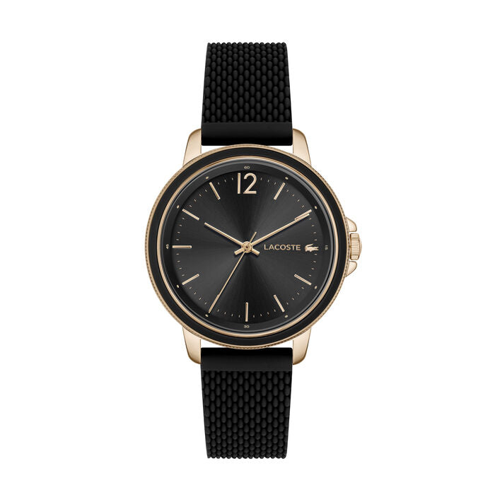 Lacoste Slice women's watch, 38mm rose gold-tone stainless steel case, black sunray dial with gold-tone hour markers and Lacoste logo at 3 o'clock, black textured silicone strap, modern minimalist design.