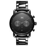 MVMT Men’s Ceramic Watch, 47mm black ceramic case and bracelet, matte black dial with two chronograph subdials, silver-tone hands and markers, date window at 6 o’clock, sleek minimalist design, quartz movement.