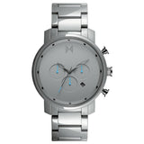 MVMT Men’s Chrono Ceramic Watch, 45mm polished silver-tone ceramic case and bracelet, monochromatic grey dial with three subdials, blue chronograph hands, date display at 4 o’clock, quartz movement.