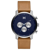 MVMT Men’s Manta Blue Watch, 45mm stainless steel case, deep blue dial with three silver subdials, silver hands with blue accents, tan genuine leather strap, chronograph quartz movement.