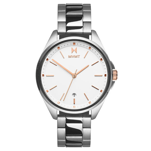 MVMT Women’s Crestliner Silver Watch, 36mm polished stainless steel case and bracelet, white dial with rose gold-tone hands and hour markers, round date window at 6 o’clock, elegant quartz movement.