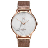 MVMT Women’s Malibu Rose Watch, 38mm rose gold-tone stainless steel case and mesh bracelet, white marble-patterned dial with minimalist rose gold hands, ultra-slim design, quartz movement.