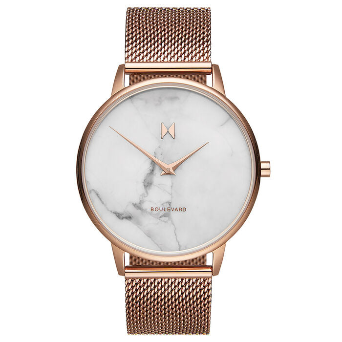 MVMT Women’s Malibu Rose Watch, 38mm rose gold-tone stainless steel case and mesh bracelet, white marble-patterned dial with minimalist rose gold hands, ultra-slim design, quartz movement.
