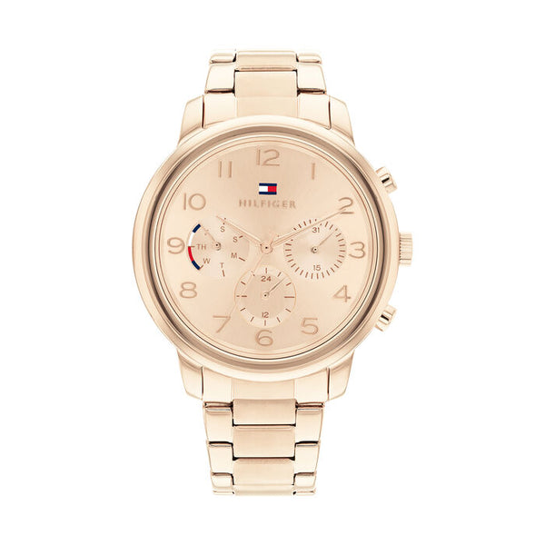 Tommy Hilfiger Isabel women's chronograph watch 38mm in rose gold-tone stainless steel, featuring a polished link bracelet, sunray dial with Arabic numerals, three subdials for day, date, and 24-hour time, and Tommy Hilfiger logo at 12 o’clock.